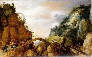 Joos de Momper mountainous landscape with horsemen and travellers crossing a bridge. Sweden oil painting artist